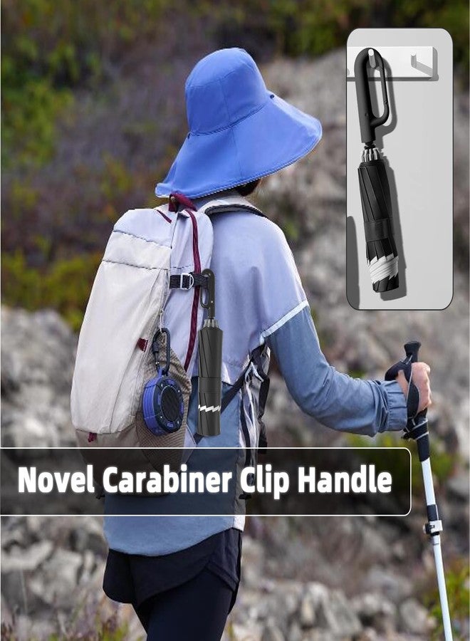 cuysfead Inverted Travel Umbrella with Carabiner Handle,Large Compact Umbrella for Rain and UV Protection,10 Ribs Windproof Reverse Umbrella with Reflective Strip,Auto Open Close for Women Men,Black - Image 2